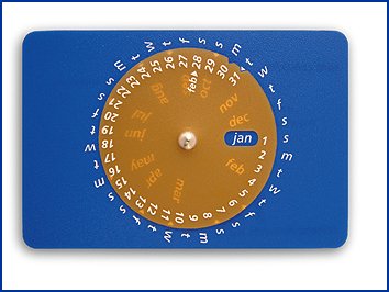 card calendar in coloured + tinted plastic with bullet binder centre