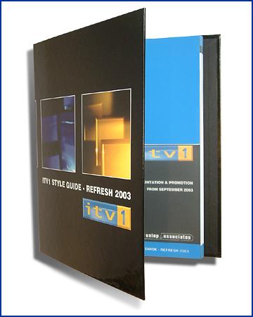 digital print, produced for ITV on a digital printer, cover made in black shiny paper over baord with itv logo