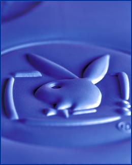 Embossed welded folder/binder for playboy in blue soft to touch rubber