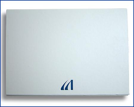 hard back wallet, in white laminated paper over board with debossed logo