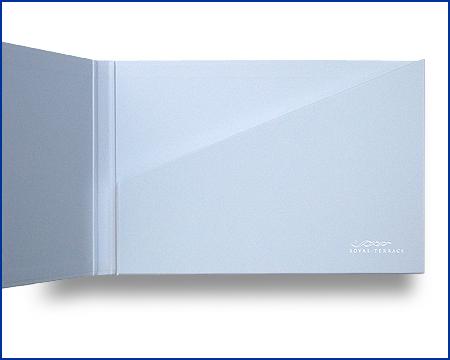 hard back wallet, open with slash cut holder, silver foil embossed