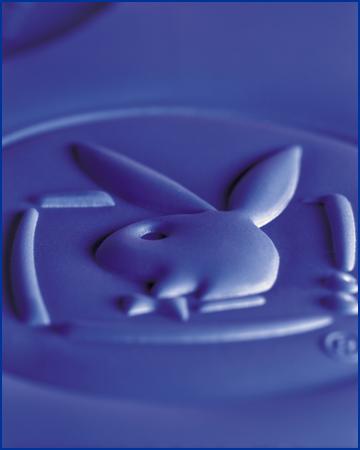 playboy logo in blue embossed vinyl foam, raised print.